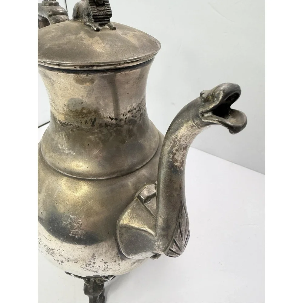 Antique Simpson‎ Hall Miller Sphinx Deer Heads Silver Plate Teapot 1880 Engraved